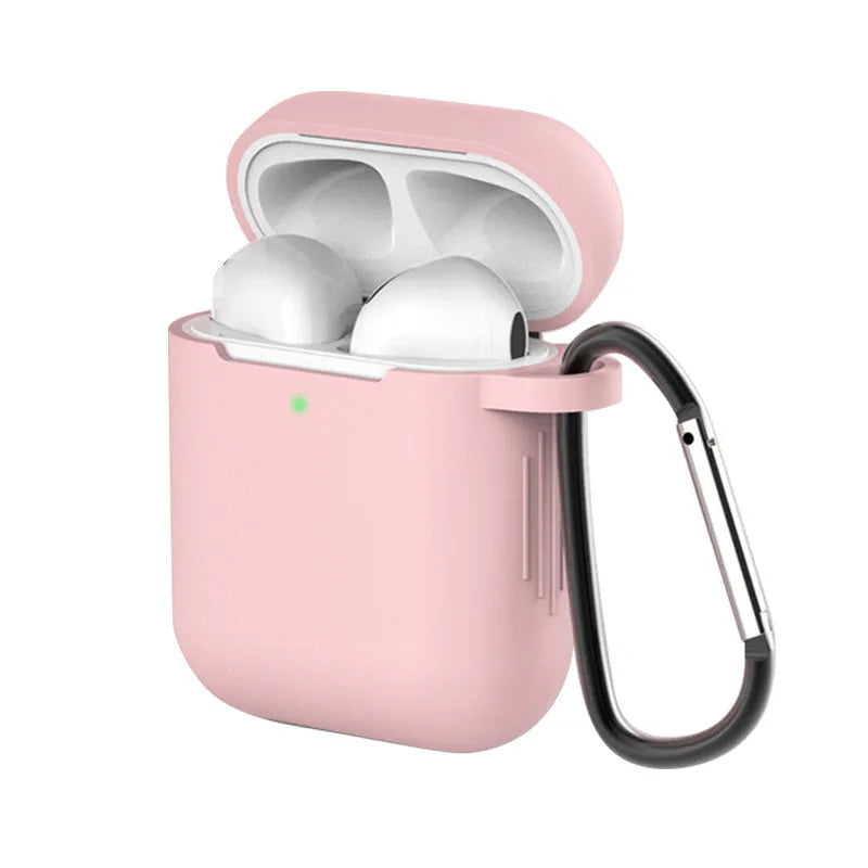 Liquid silicone protective clamshell case for Apple AirPods, shown in multiple colours on a white background.
