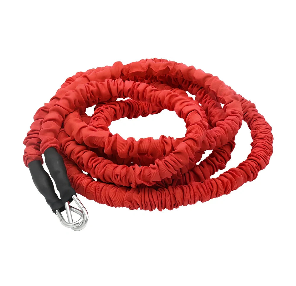 Red and black double resistance band with hook attachments for explosive force training
