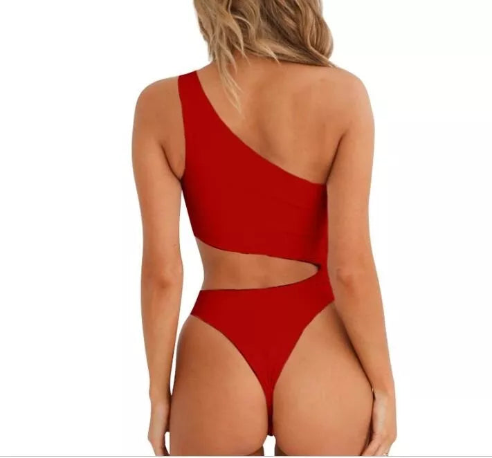 Women's single shoulder hollow waist one-piece swimsuit in solid colors