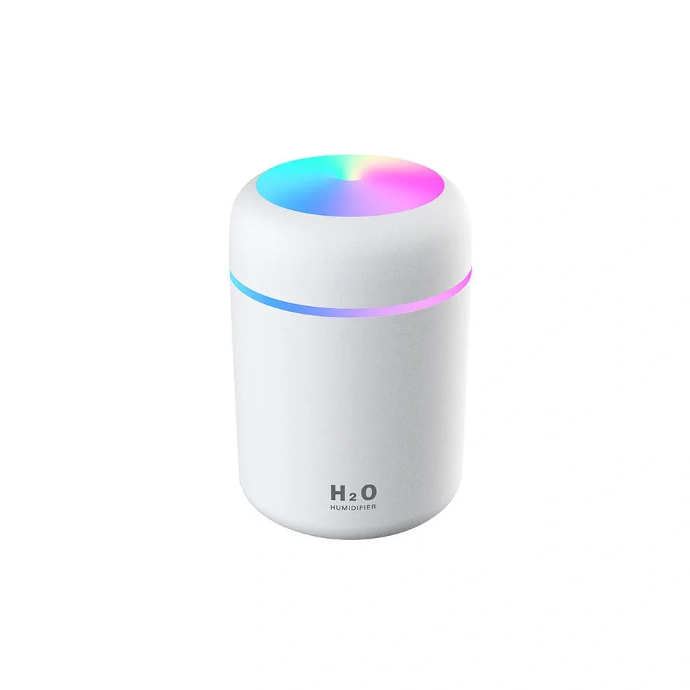 Compact USB car humidifier with colourful LED light and 300ml water tank for vehicle use