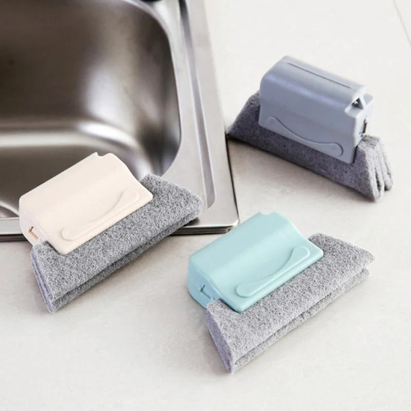 Window groove cleaning brush with comfortable grip and scouring pad head