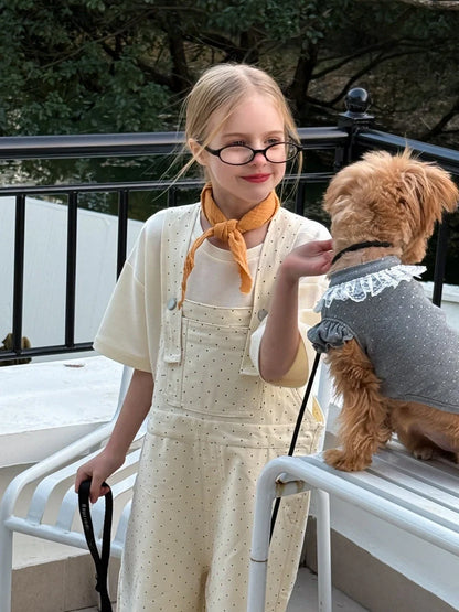 Girls' milky white polka dot overalls with Western styling and high-waist trousers