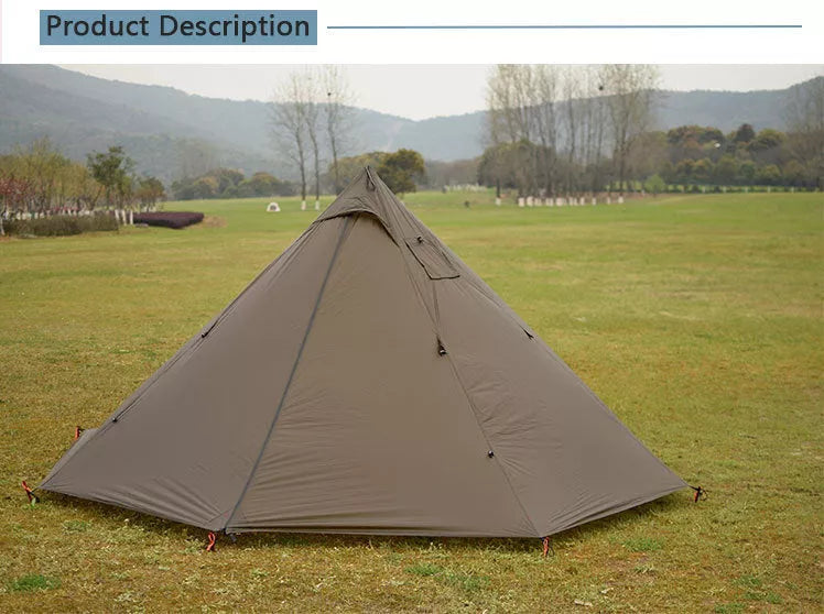 Pyramid outdoor camping tent for 4 people with chimney hole in wolf brown and creamy white