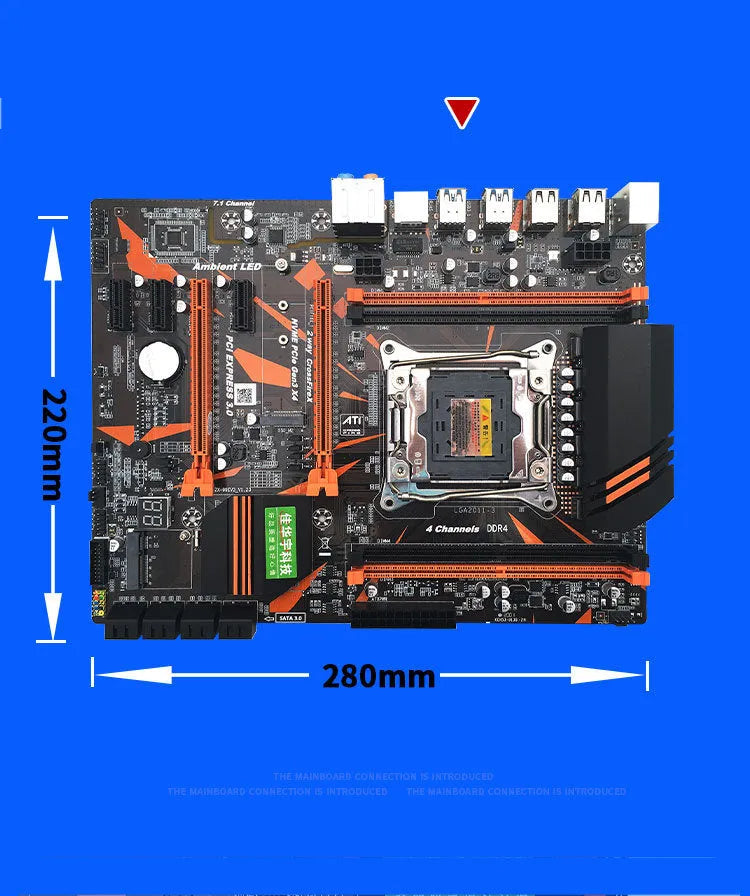 Black X99 motherboard with LGA2011-3 socket, four DDR4 slots, dual PCI-E x16, and M.2 interface