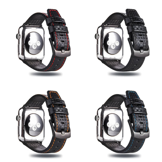 Leather iPhone watch strap with carbon fibre pattern PC hard shell case in black, blue, orange, and red.