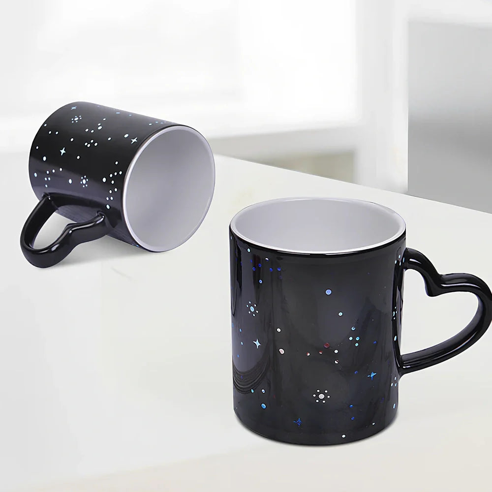 Ceramic colour change mug showing before and after transformation with hot liquid