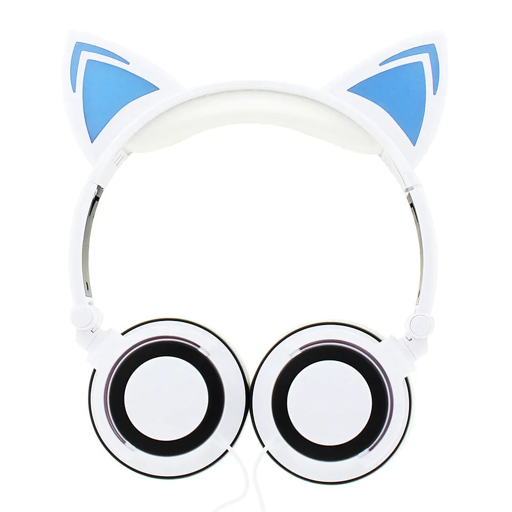 Colourful LED cat ear headphones with illuminated ears and cushions on a black background