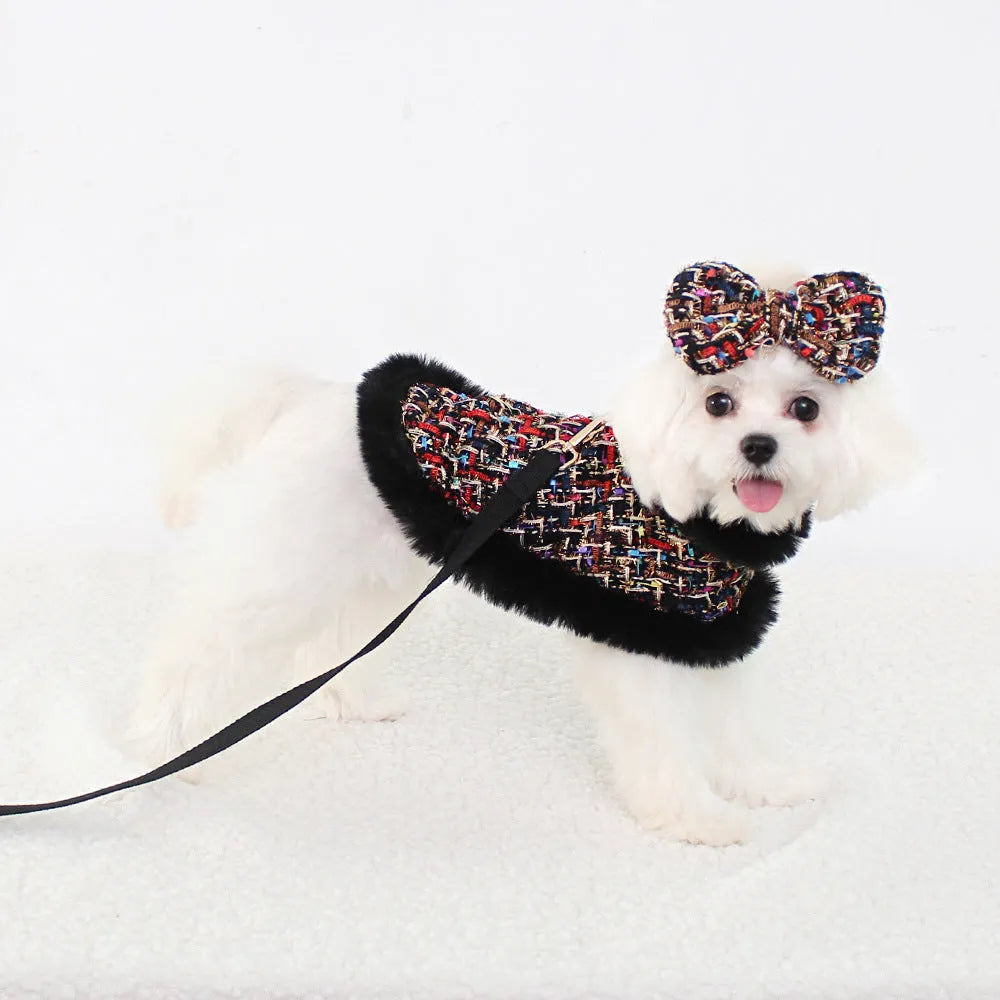 Classic style dog lead with cloth cloak, shown in beret, bow, and plain cloak options.