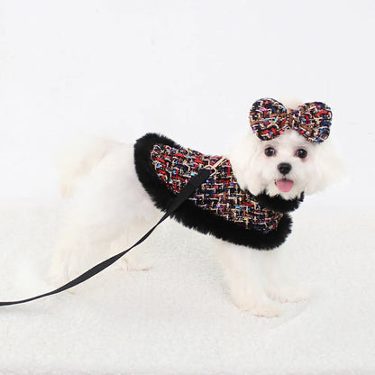 Classic style dog lead with cloth cloak, shown in beret, bow, and plain cloak options.