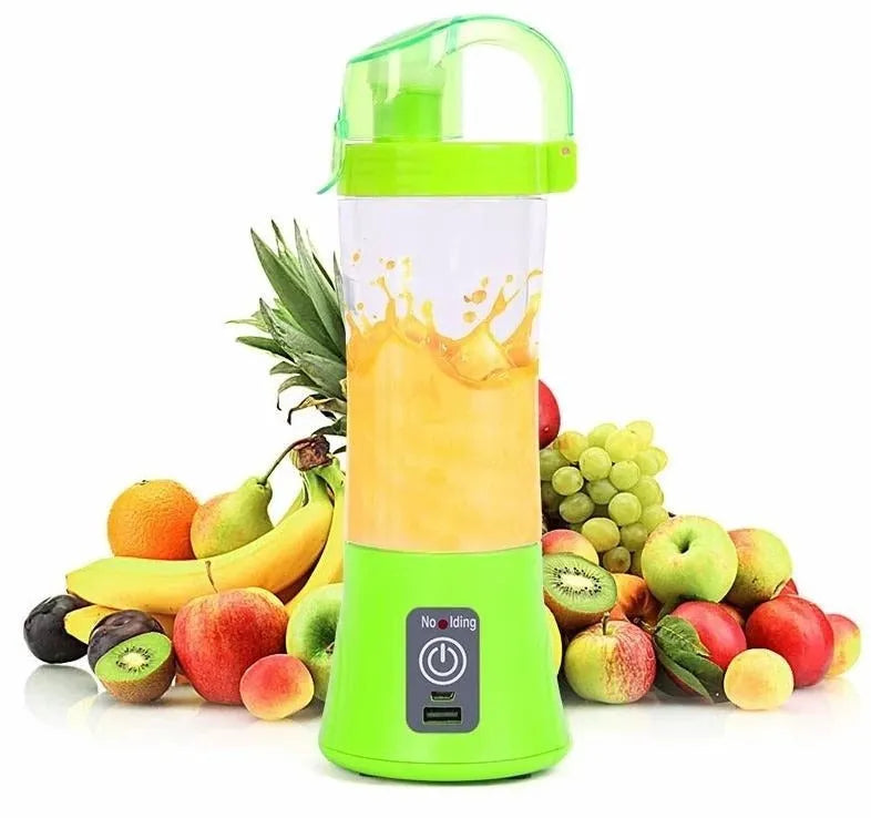 Blue portable electric fruit juicer with USB charging port and 400ml blending cup