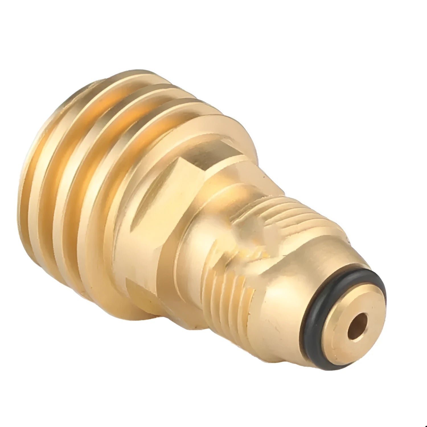 Brass gas brazier adapter with gold finish showing taper external thread