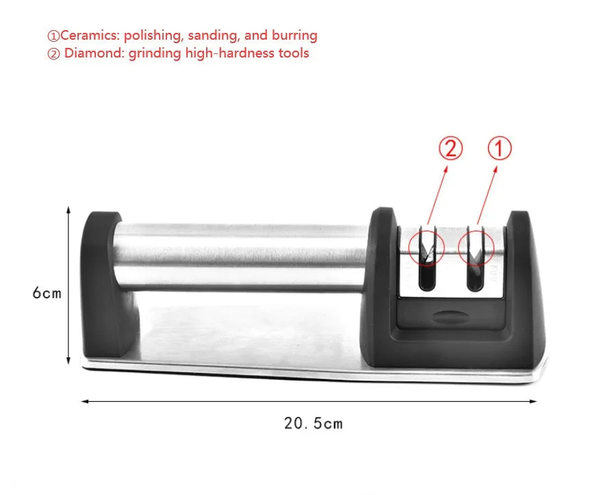 Black ABS plastic manual kitchen knife sharpener with an ergonomic handle.