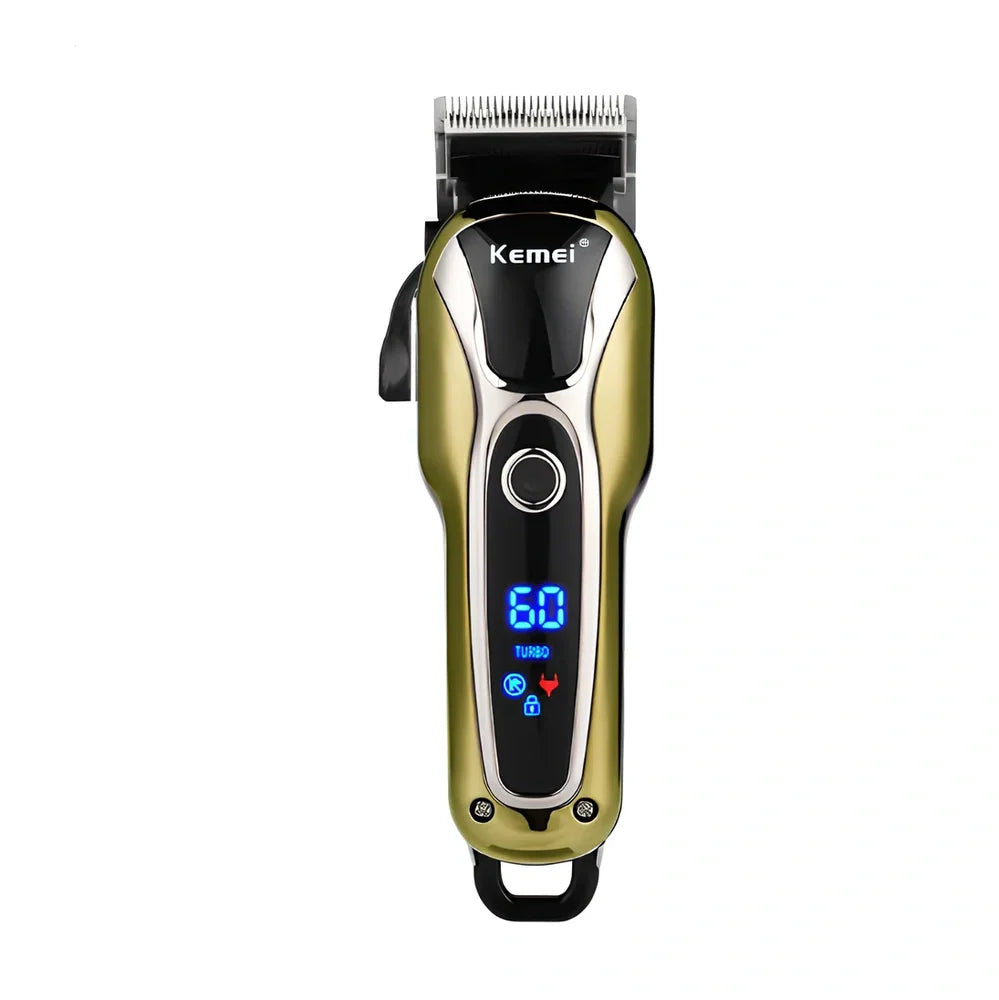 Professional hair clipper with four guide combs, cleaning brush, and power adapter on white background