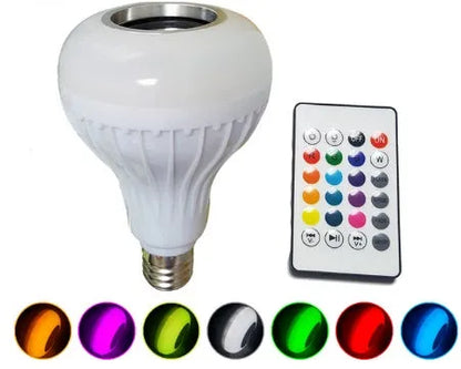 White E27 Bluetooth smart LED bulb with built-in speaker and remote control for colour-changing lighting.