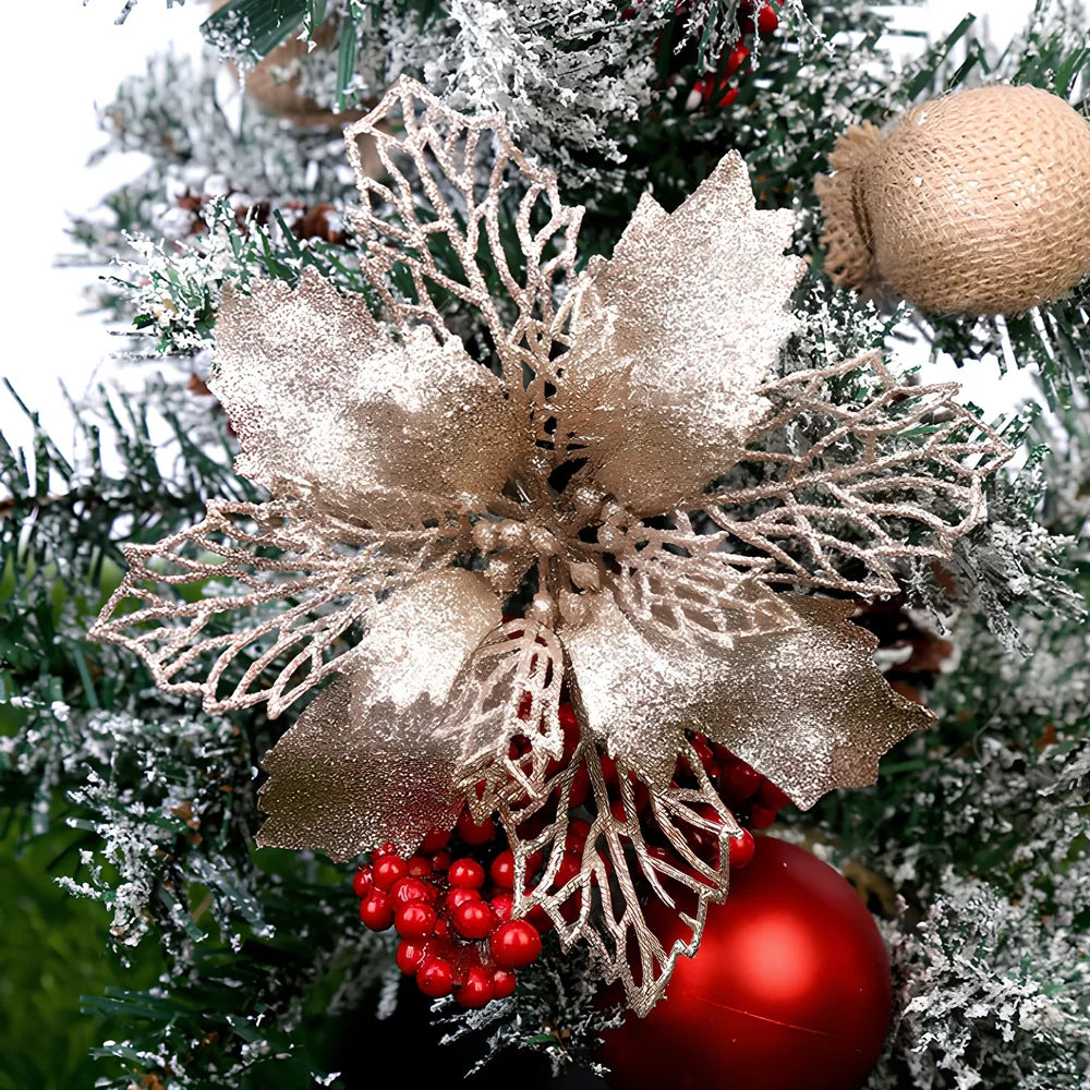 Glitter artificial Christmas flowers measuring 11cm with sparkling coating in various colour options