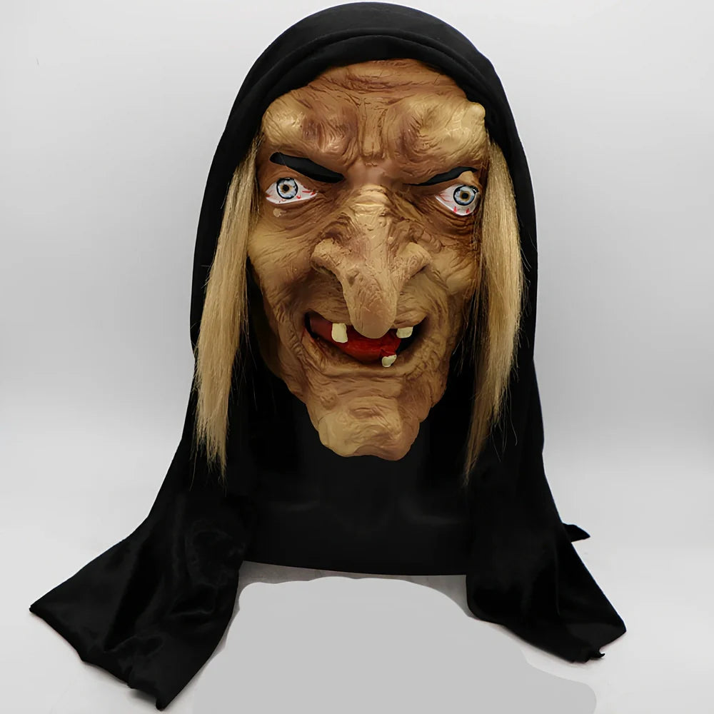 Black latex Halloween witch mask with full facial coverage and realistic texture details for adult costume parties