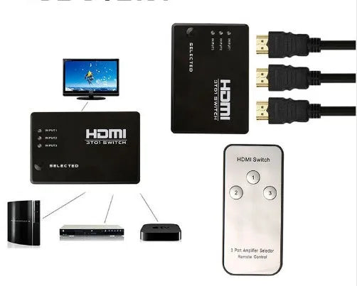 RobotSky black 3-port HDMI switch with IR remote, supports 1080p and HDMI 1.3b, compact 8 x 5.8 x 1.8cm