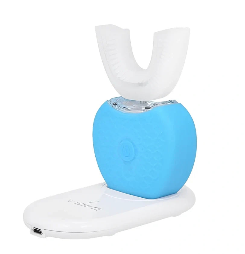 Black ultrasonic electric toothbrush with U-shaped design showing magnetic charging base and USB cable