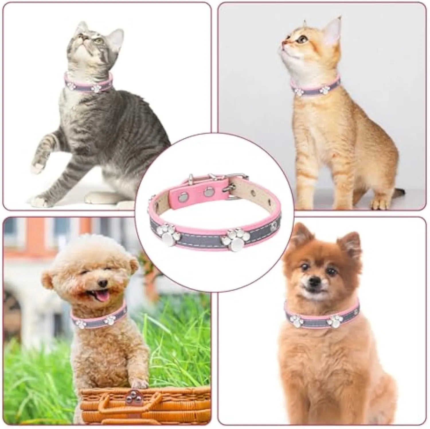 Reflective adjustable dog collar with paw rivet on soft PU leather, showing metal buckle and five adjustment holes