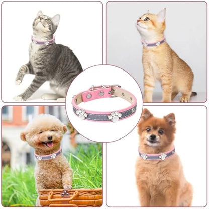 Reflective adjustable dog collar with paw rivet on soft PU leather, showing metal buckle and five adjustment holes