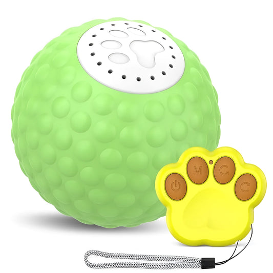 Blue remote control interactive rolling ball cat toy with sound effects on a carpet.