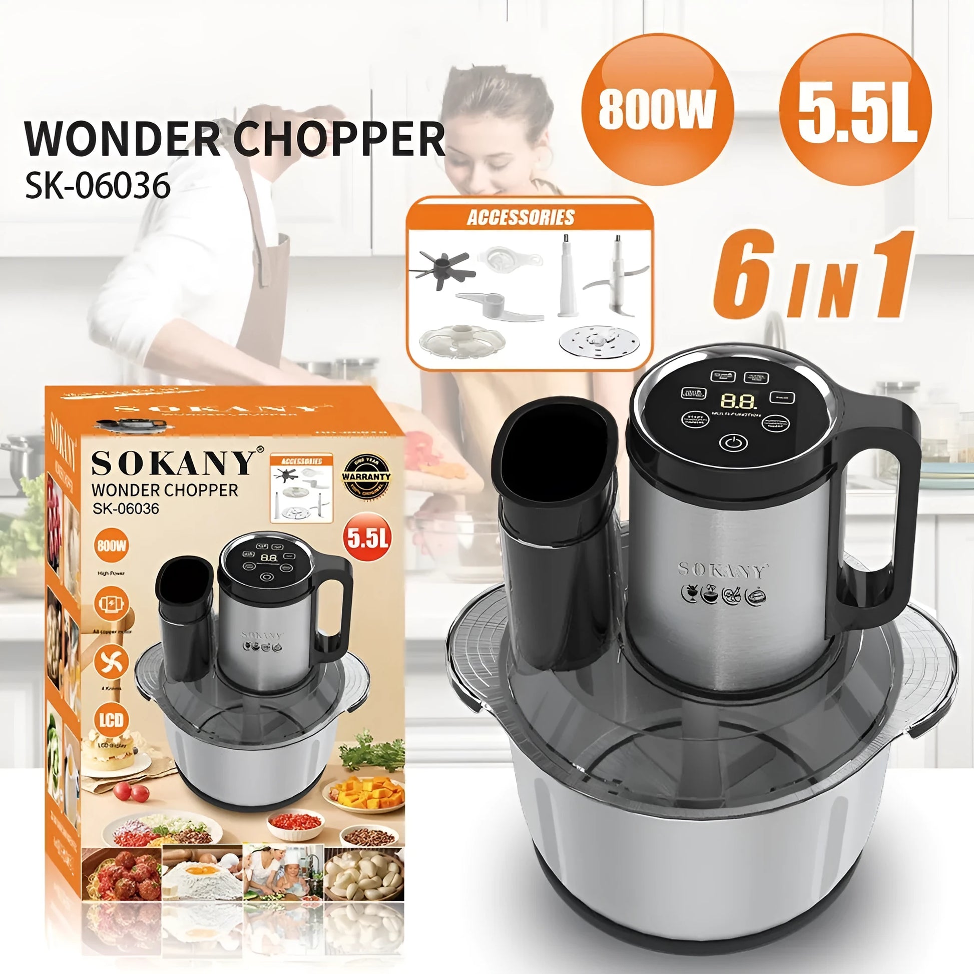 Stainless steel meat grinder machine with 06036 colour coding and food processing attachments