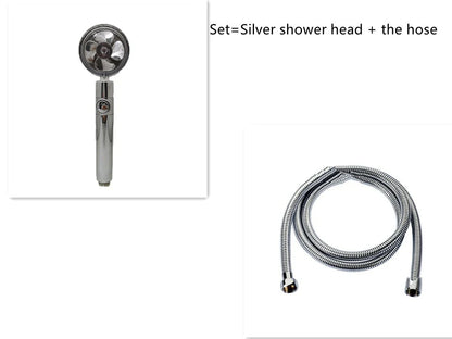 High-performance water-saving shower head with 360-degree rotation and fan feature, offering a luxurious shower experience
