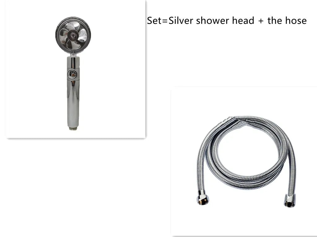 Chrome-finished ABS plastic water-saving shower head with a round, rotating spray head.