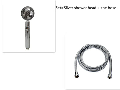 Chrome-finished ABS plastic water-saving shower head with a round, rotating spray head.