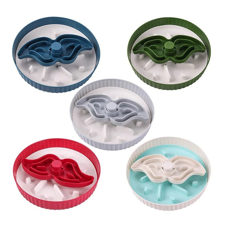 Grey rotating pet food basin with silicone pad showing beard pattern design for slow feeding