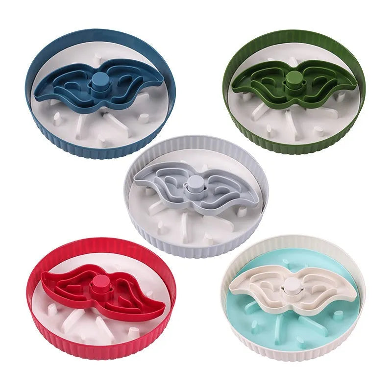 Pet food basin with rotating game board and textured silicone pad in multiple colour options including beige, blue, gray, green, and red