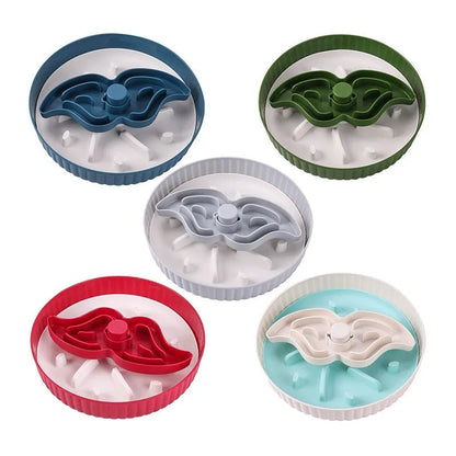 Pet food basin with rotating game board and textured silicone pad in multiple colour options including beige, blue, gray, green, and red