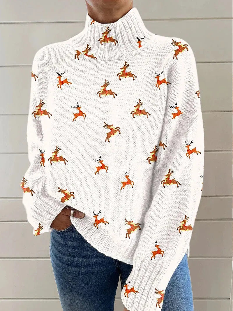 Women's Christmas printed turtleneck sweater with painting pattern and macaron colours, loose fit design