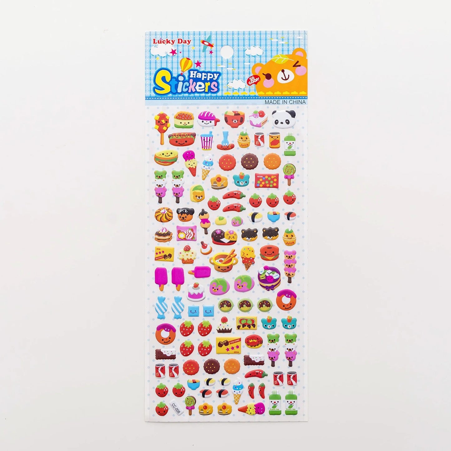 Cartoon three-dimensional bubble stickers showing colourful animal, food and pattern designs for decoration