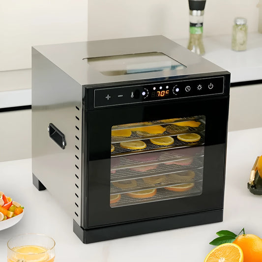 Stainless steel food dehydrator machine with a visual skylight window and multiple drying trays.