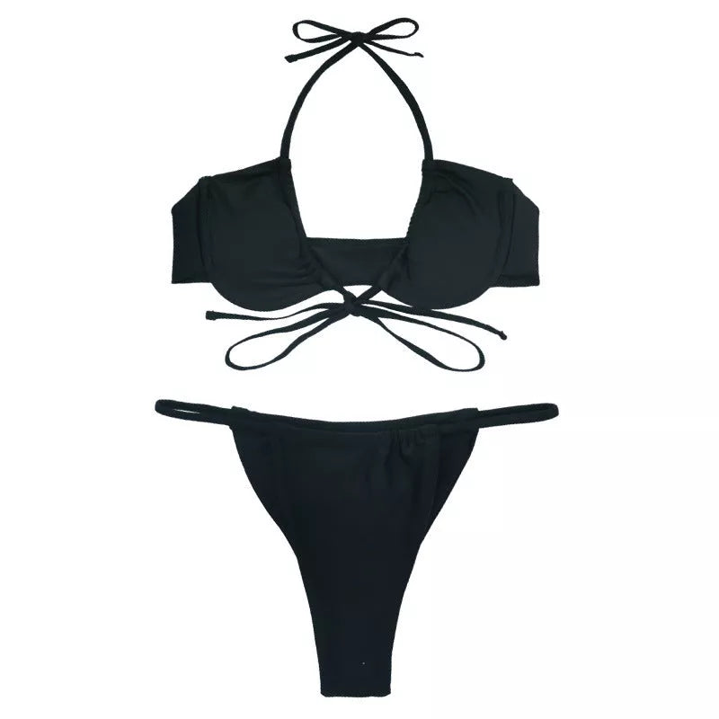 Women's black and mint green nylon bikini swimsuit, sizes S to XL