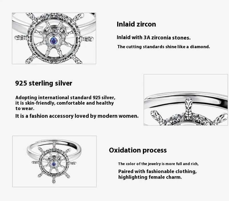 Silver rotatable rudder ring with inlaid zircon, open mouth size, colour SCR1141-E, women's retro style
