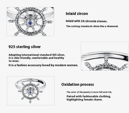 Silver rotatable rudder ring with inlaid zircon, open mouth size, colour SCR1141-E, women's retro style