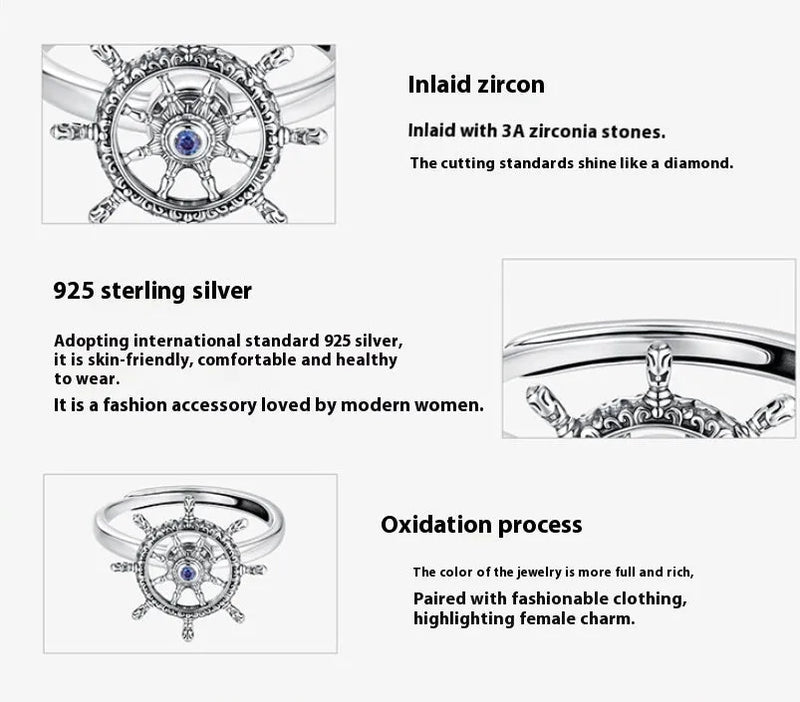 Rotatable Rudder Live Ring in Silver with Inlaid Zircon, Open Mouth Size, Women's Retro Style Ring for Daily Wear and Gifting, Colour SCR1141-E