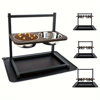 Black iron elevated dog food and water bowl stand with rack, 42 cm long by 40 cm high.