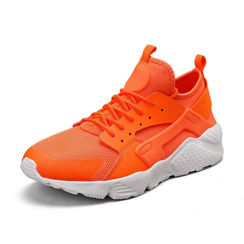 Men's low top casual shoes in fluorescent red mesh with cross straps and round toe