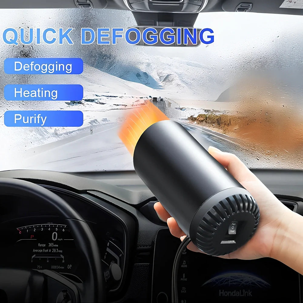 Black-grey 12V car windshield heater with suction cup mount measuring 15x7cm with 1.5m cable