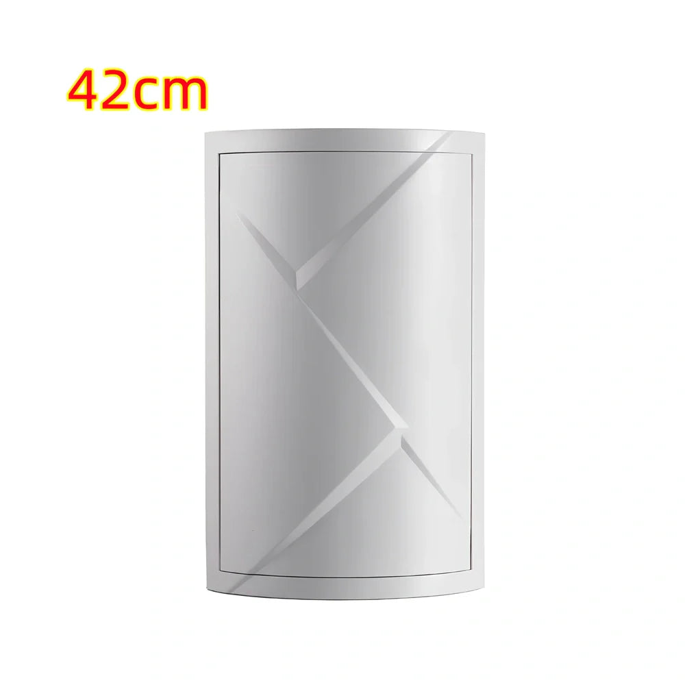 White triangle corner shelf with three tiers mounted in bathroom corner holding toiletries