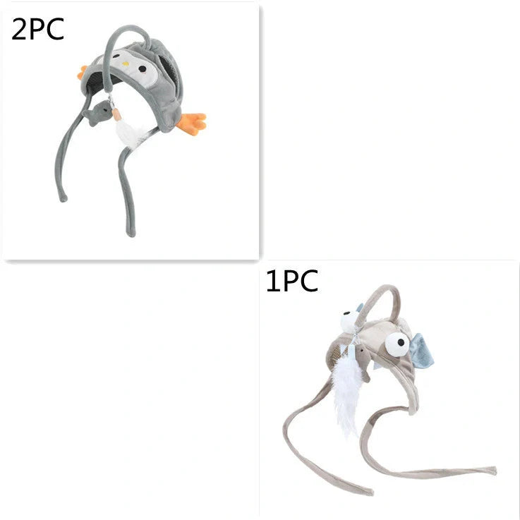 Adjustable head-wearing feather cat toy stick in various colors for indoor play