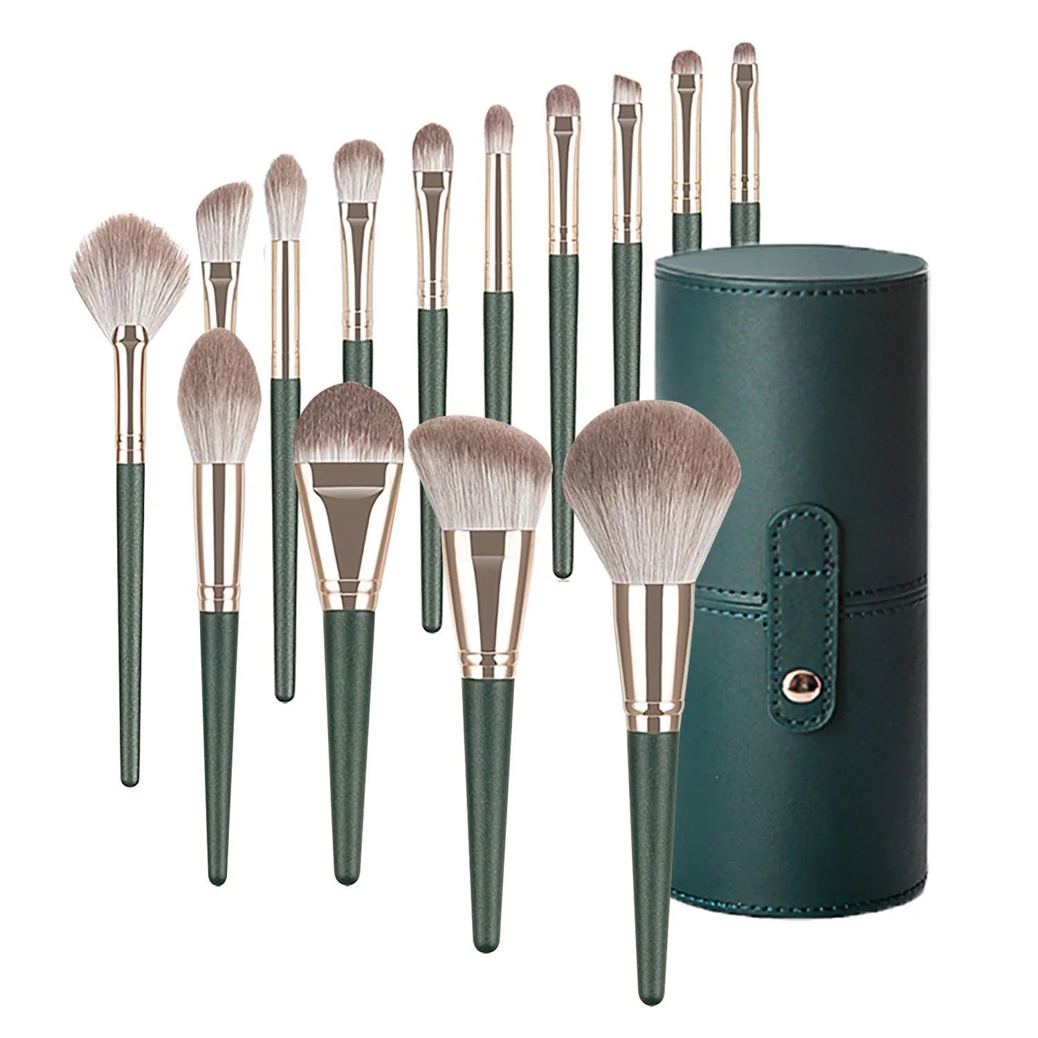 Green Cloud 14 Makeup Brushes Set with wooden handles and artificial fiber bristles