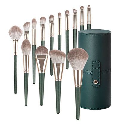 Green Cloud 14 Makeup Brushes Set with wooden handles and artificial fiber bristles