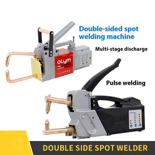 OL8000 double-sided manual spot welding machine with round and pointed welding heads.