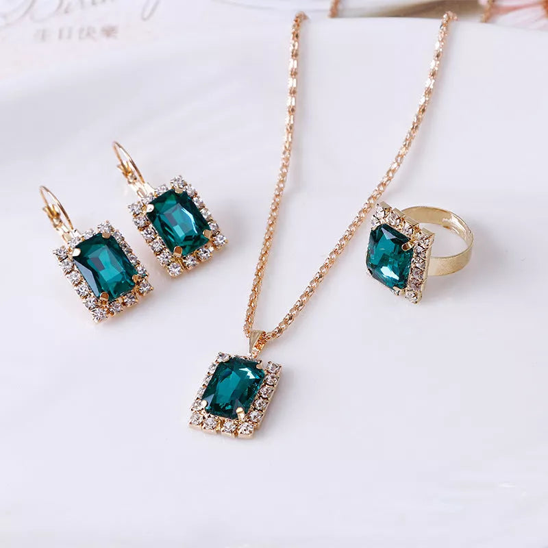 Elegant alloy crystal jewelry set with necklace, earrings, and ring in various colors