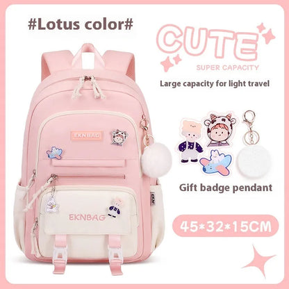 Pink waterproof Oxford cloth school backpack for girls with curved shoulder straps, shown with matching pencil case.