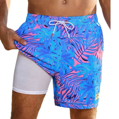 Men's loose quick-drying boxer swimming trunks in spandex fabric with various colour patterns